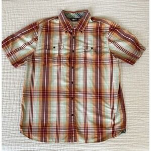 North Face Mens XL Short Sleeve Button Down Shirt‎ Plaid Red Orange Cotton